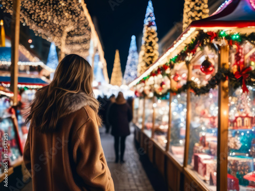 backview of woman enjoying the view of the christmas fair at night