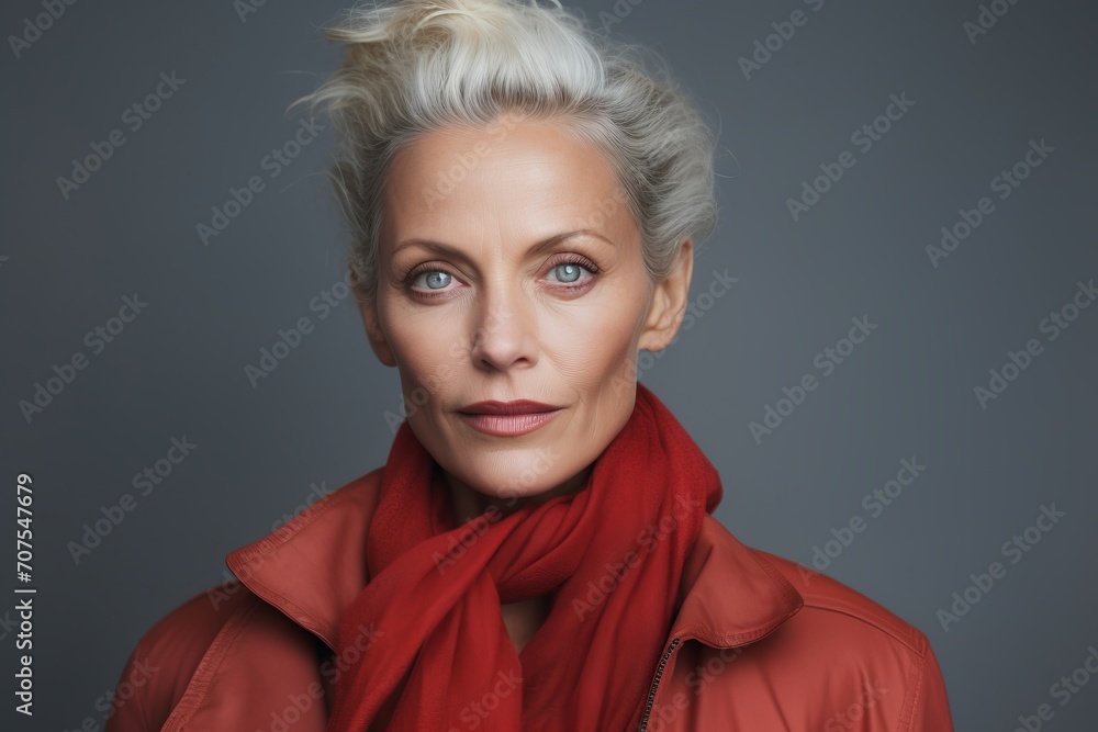 Portrait of beautiful senior woman in red coat and red scarf. Portrait of beautiful senior woman in red coat and red scarf.