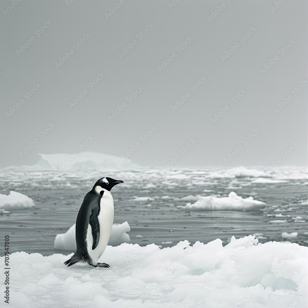 Obraz premium Solitary penguin waddling on an icy antarctic shore