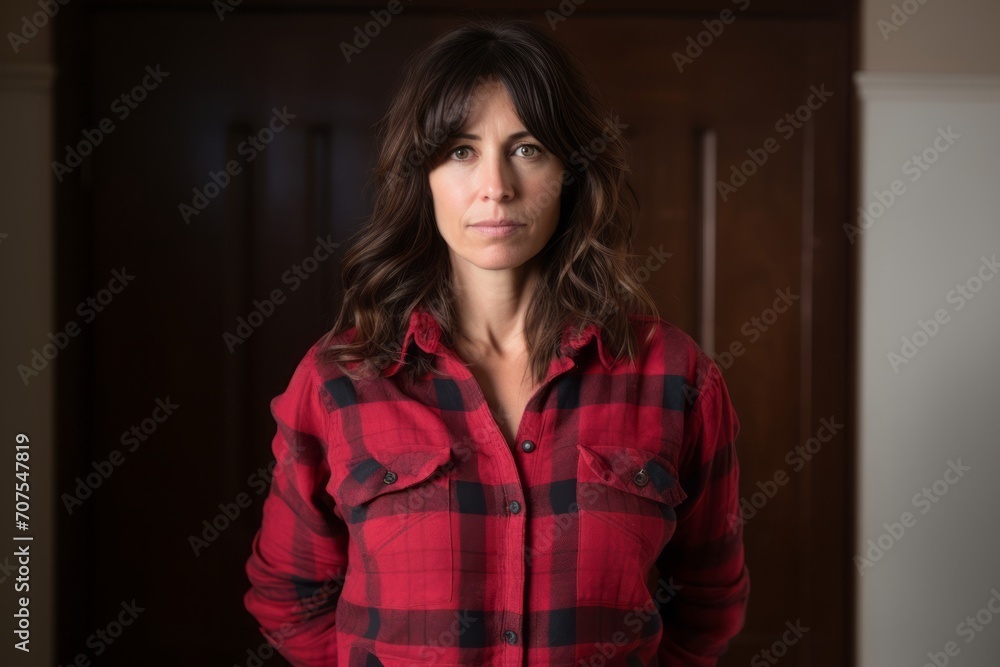 Woman in her 20s wearing a red plaid shirt with a serious expression Woman in her 20s wearing a red plaid shirt with a serious expression