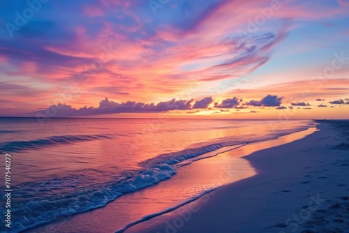 Vibrant sunset painting the sky over a quiet beach