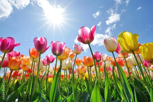 Vibrant tulip field under a sunny sky
