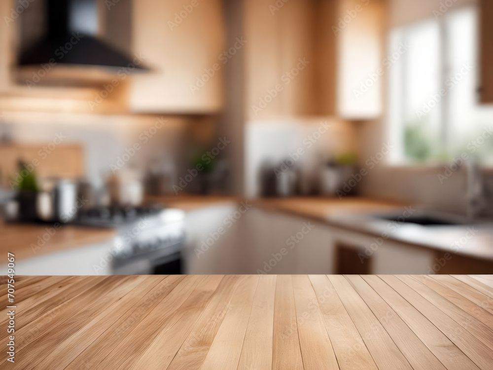 Wooden table on blurred kitchen bench background. Empty wooden table and blurred kitchen background Wooden table on blurred kitchen bench background. Empty wooden table and blurred kitchen background