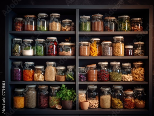 Assorted spices herbs and dry food products in glass jars on wooden shelves, with kitchen utensils and plants on a dark background. Pantry organization concept.