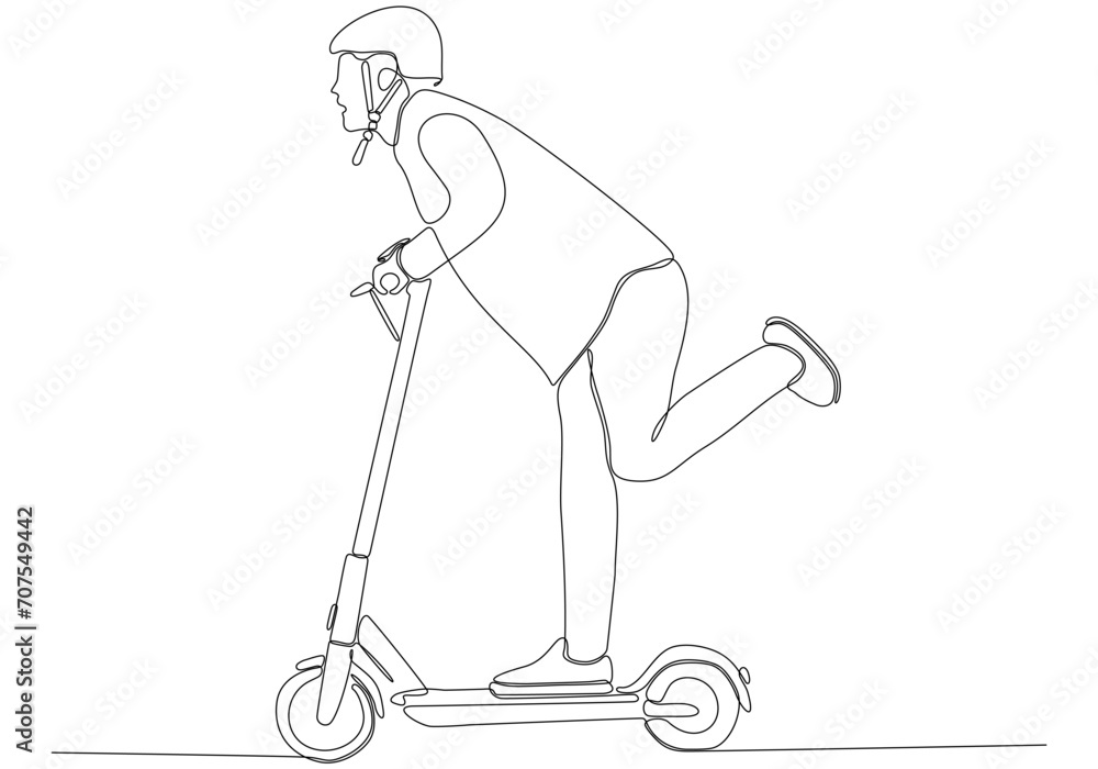 Continuous line drawing. handsome man on a scooter vector illustration