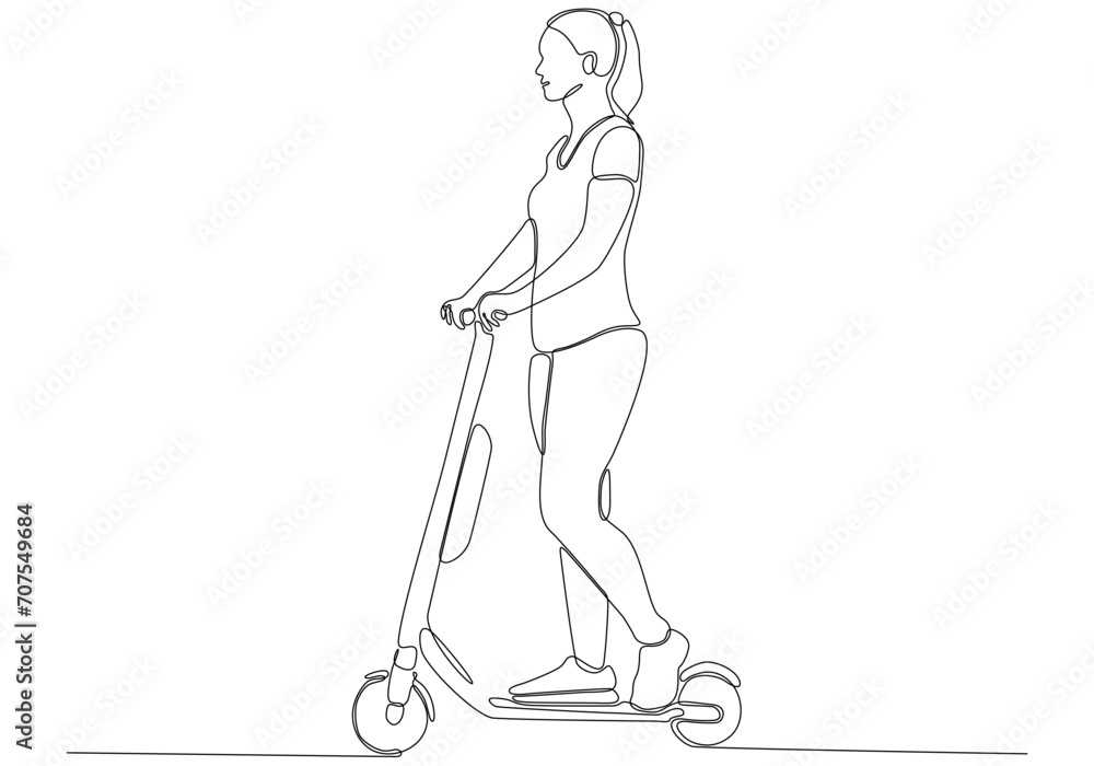 Continuous line drawing. Beautiful girl on a scooter. Vector illustration Continuous line drawing. Beautiful girl on a scooter. Vector illustration