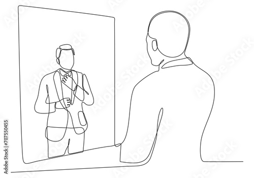 Continuous line drawing of man in mirror vector illustration