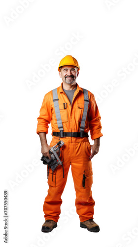 Smiling male engineer standing looking at camera. Isolated. Full body. Transparent background.