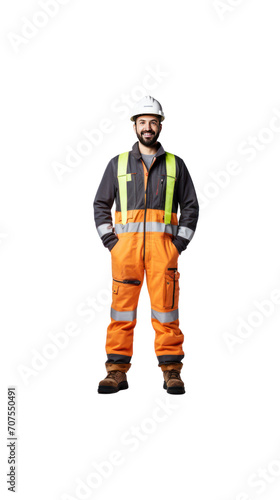 Smiling male engineer standing looking at camera. Isolated. Full body. Transparent background.