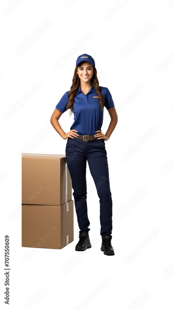 Male delivery man standing looking at camera, isolated, full body, transparent background. Male delivery man standing looking at camera, isolated, full body, transparent background.