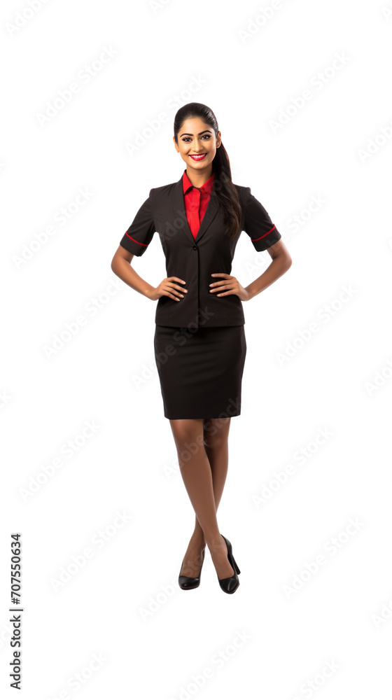 Flight attendant standing looking at camera, isolated, full body, transparent background. Flight attendant standing looking at camera, isolated, full body, transparent background.
