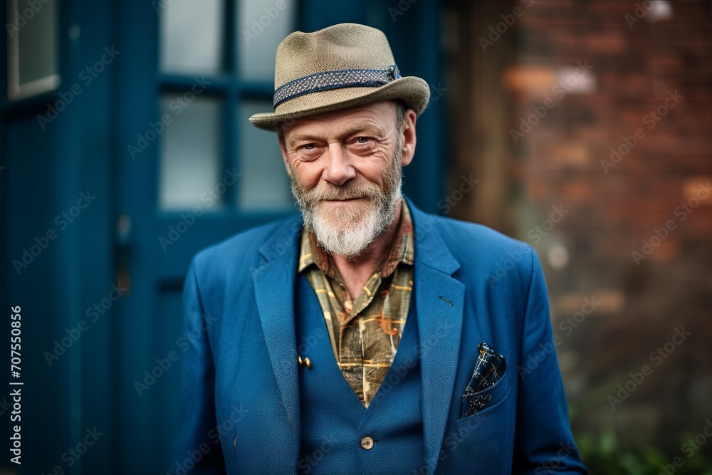 Portrait of a senior man with hat and jacket in the city. Portrait of a senior man with hat and jacket in the city.