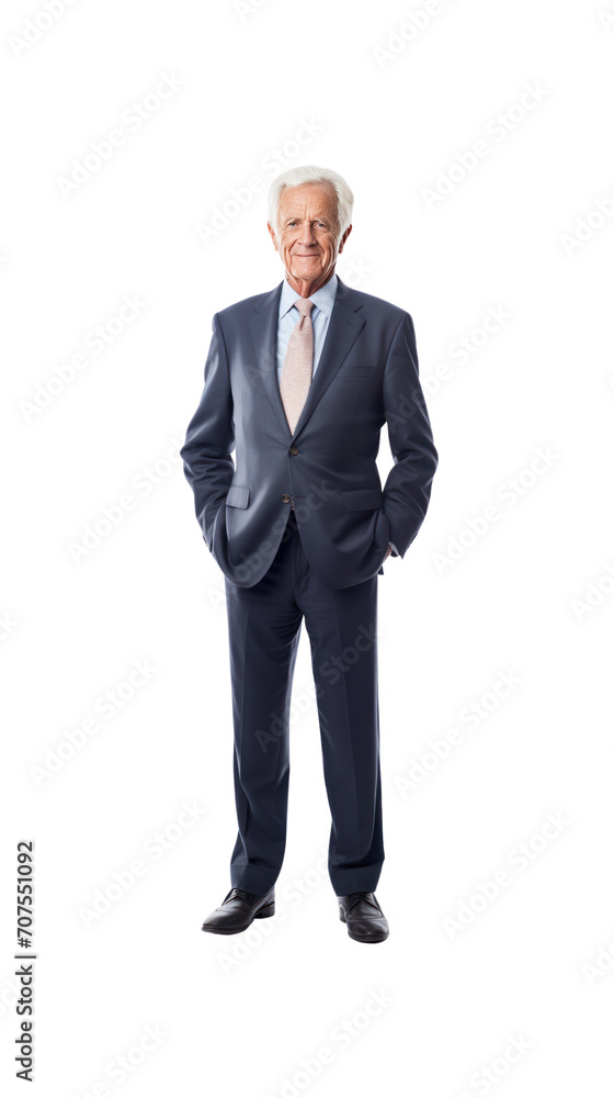Elderly male businessman standing looking at camera, isolated, full body, transparent background. Elderly male businessman standing looking at camera, isolated, full body, transparent background.