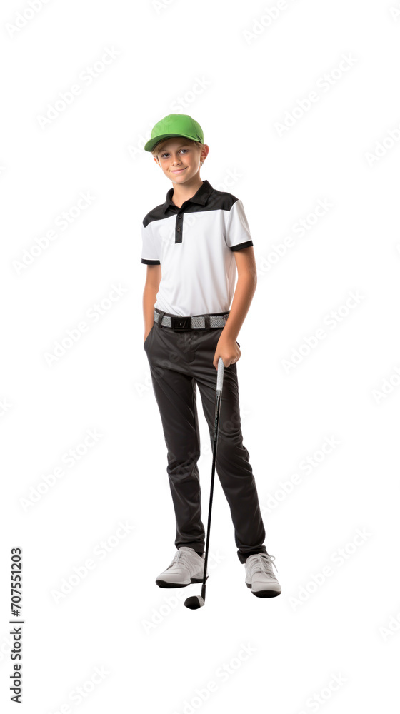 Fototapeta premium Young golfer standing looking at camera, isolated, full body, transparent background.