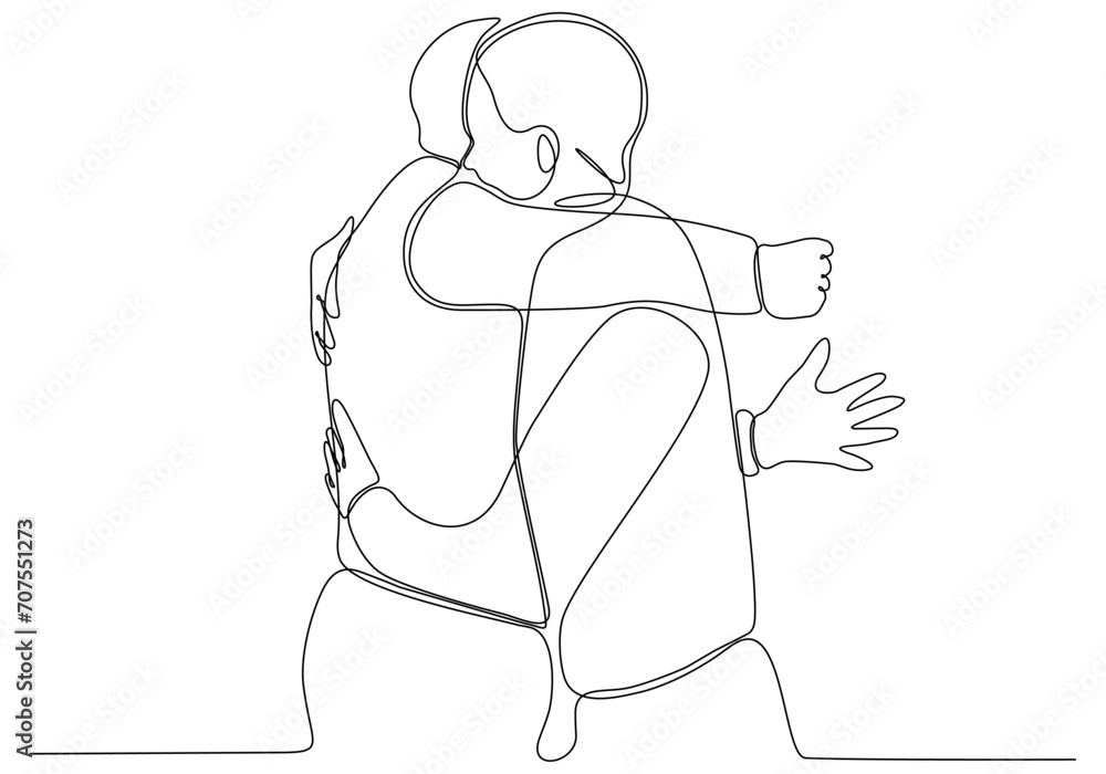 Continuous line drawing of cheerful friends embracing each other. Two young men hug each other. Felt happy friends meeting with hug isolated on white background. hug. embrace. Vector