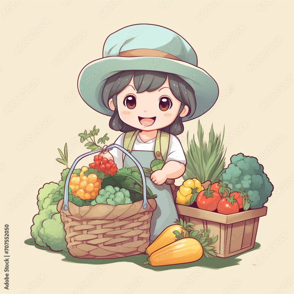 Chibi Style Countryside Girl with Basket of Fresh Harvest Chibi Style Countryside Girl with Basket of Fresh Harvest