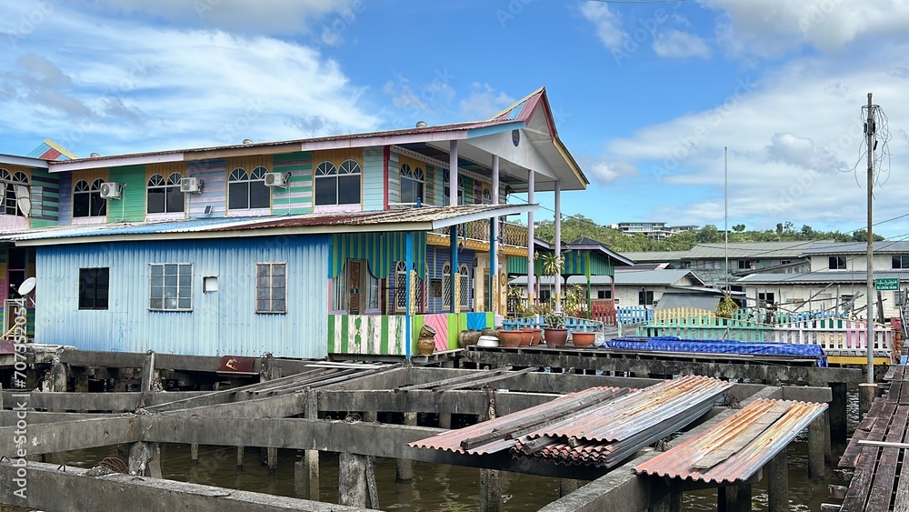 Floating village  Kampong Ayer. Bandar Seri Begawan in Brunei is a beautiful and harmonious Asian nation, situated on the northern coast of Borneo in the South China Sea. The purest air, immaculate co