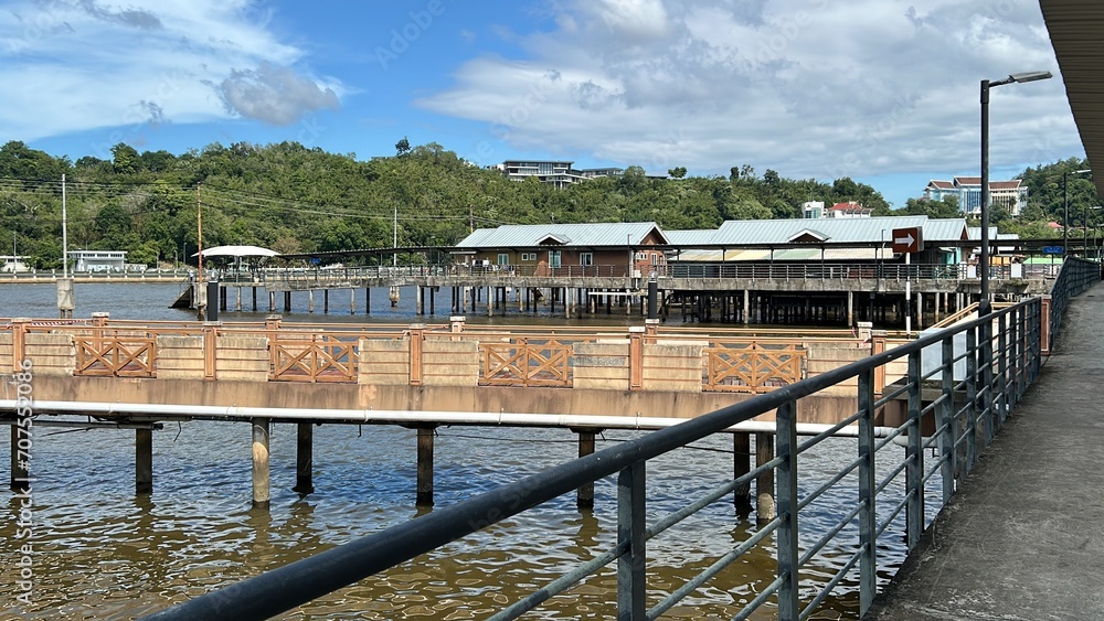 Floating village  Kampong Ayer. Bandar Seri Begawan in Brunei is a beautiful and harmonious Asian nation, situated on the northern coast of Borneo in the South China Sea. The purest air, immaculate co