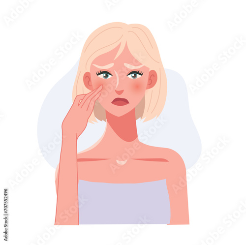 Skincare Concept.  Portrait of a Woman's Concern in Skincare in her face by touching Face.