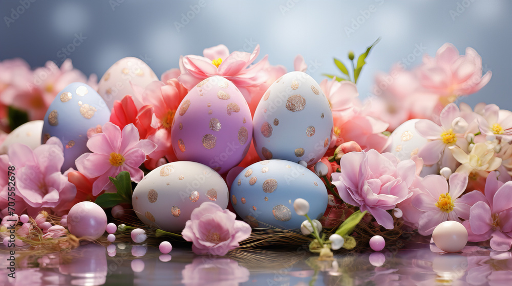 Eggs and flowers, pink and white orchid, Happy Easter Congratulatory easter background, colorful banner, spring time