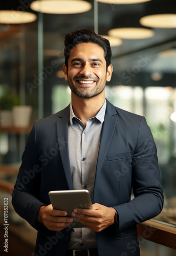 Portrait of businessman holding digital tablet in a restaurant