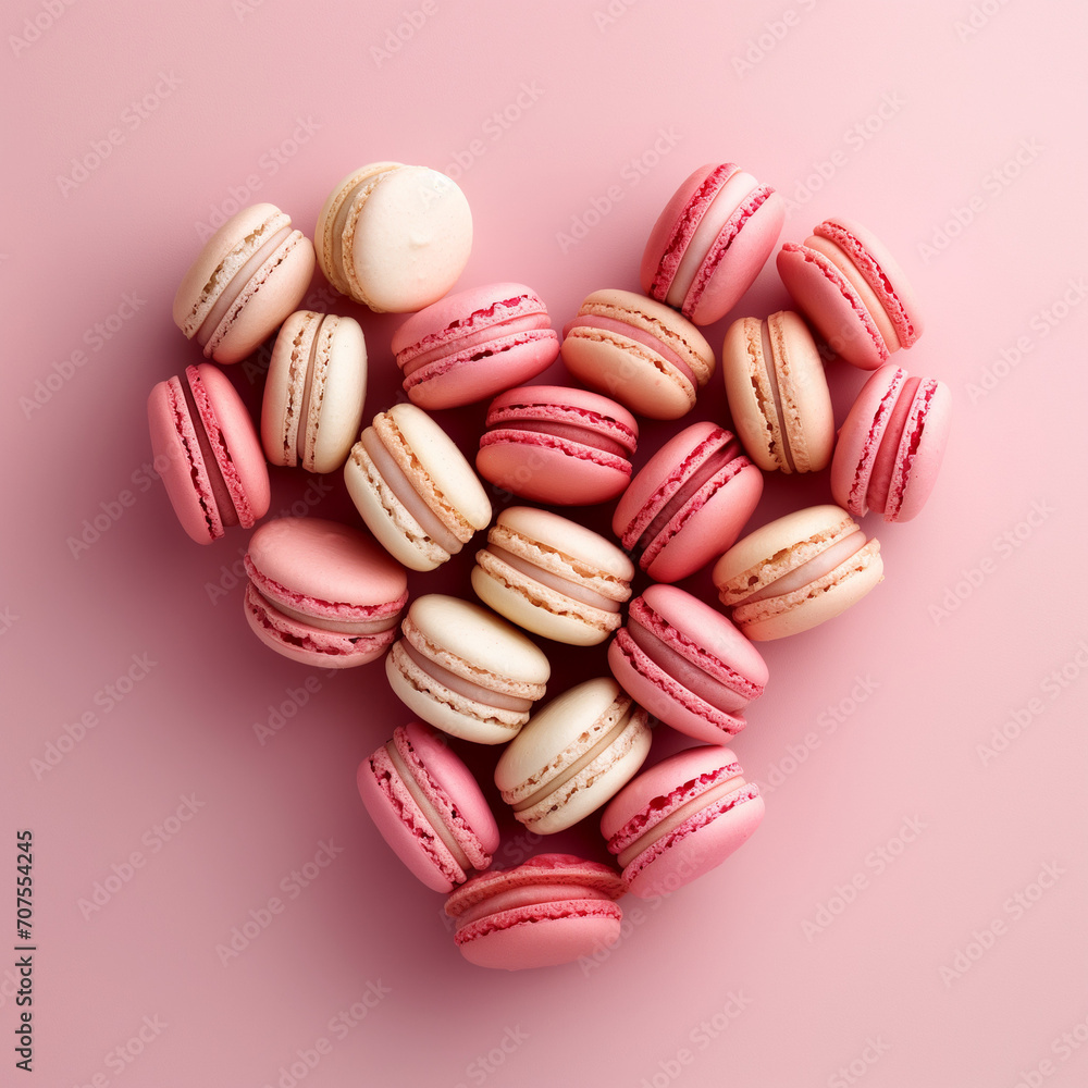 Pink macarons arranged in a heart shape, Valentine's Day dessert Pink macarons arranged in a heart shape, Valentine's Day dessert