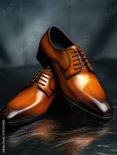 Brown leather men's elegant shoes on grey concrete background © mariiaplo