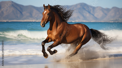 horse running in freedom at the beach, brown horse galloping free at the beach