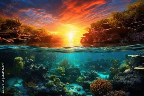 Coral Garden Sunrise: Sunlight streaming through the water, casting a warm glow on vibrant coral reefs.