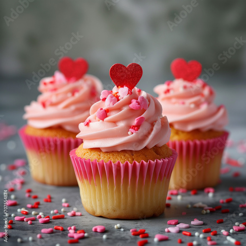 Cupcakes with pink frosting and heart-shaped sprinkles   St. Valentine s Day celebration