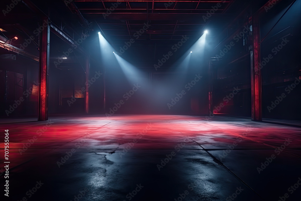 Neon-Lit Dark Street Scene: Night View with Smoke and Spotlights on Asphalt - Atmospheric Studio Room Background Neon-Lit Dark Street Scene: Night View with Smoke and Spotlights on Asphalt - Atmospheric Studio Room Background