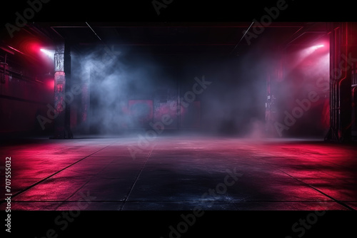 Neon-Lit Dark Street Scene: Night View with Smoke and Spotlights on Asphalt - Atmospheric Studio Room Background