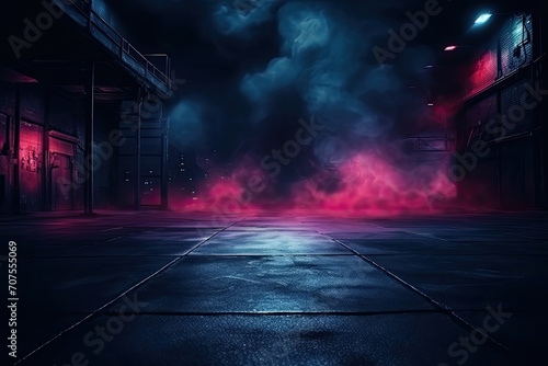 Neon-Lit Dark Street Scene: Night View with Smoke and Spotlights on Asphalt - Atmospheric Studio Room Background © MyPixelArtStudios