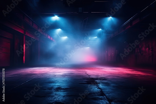 Neon-Lit Dark Street Scene: Night View with Smoke and Spotlights on Asphalt - Atmospheric Studio Room Background © MyPixelArtStudios