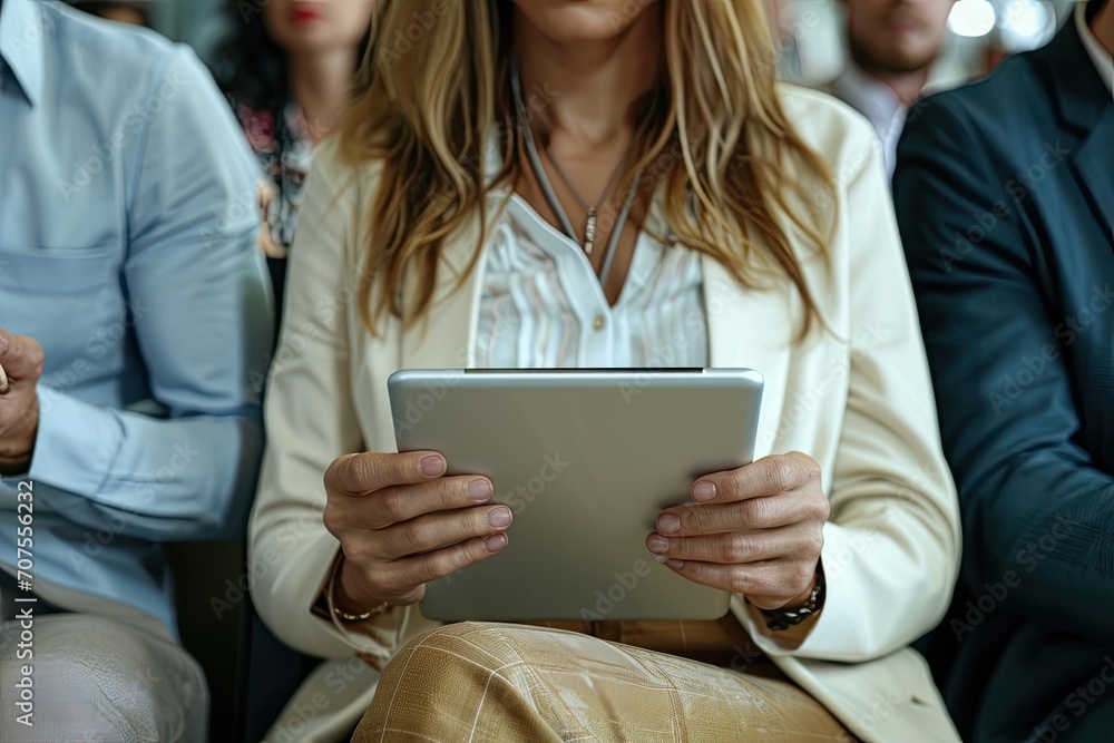 Close-up of businesswoman using digital tablet while sitting in office Close-up of businesswoman using digital tablet while sitting in office