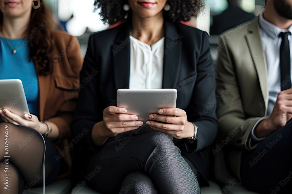 Close-up of businesswoman using digital tablet while sitting in office Close-up of businesswoman using digital tablet while sitting in office