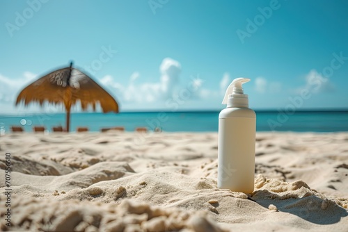 Sunscreen lotion on the beach with umbrella background. Sun protection concept © ttonaorh