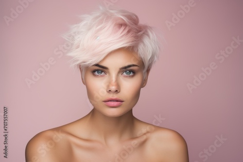 Portrait of young beautiful woman with pink hair. Fashion photo.