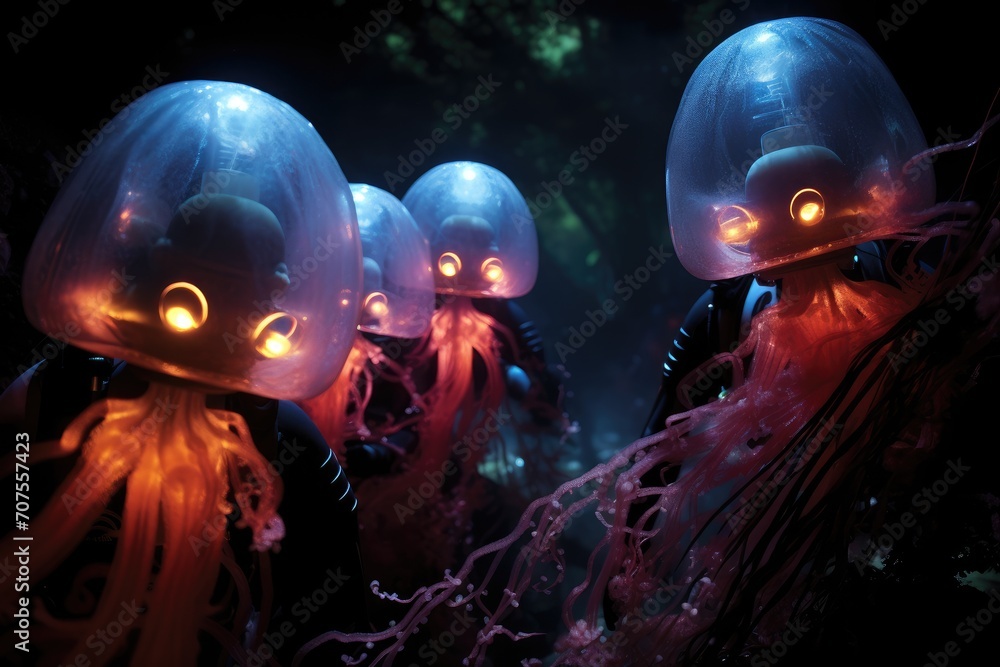 Bioluminescent Night Dive: Divers surrounded by the soft glow of bioluminescent organisms. Bioluminescent Night Dive: Divers surrounded by the soft glow of bioluminescent organisms.