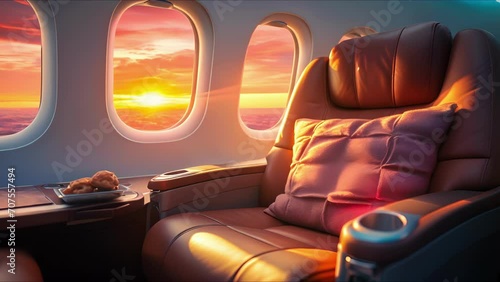 The luxurious cabin of the private jet offers a frontrow seat to the striking sunrise over the endless ocean. The perfect way to start the day, surrounded by comfort and beauty. photo