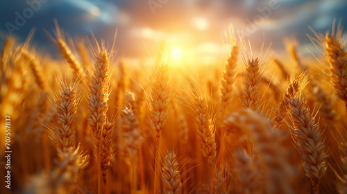 A golden wheat field, the ears of wheat swaying in the wind, shining in the sun.