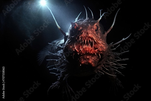 Deep Sea Anglerfish: The eerie glow of an anglerfish in the abyssal depths. photo
