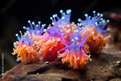 Nudibranch Rainbow: Colorful nudibranchs crawling on coral.
