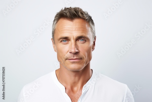 Handsome mature man in white shirt looking at camera. Studio shot.