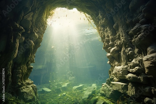 Underwater Archway: Swimmers passing through a natural underwater arch.