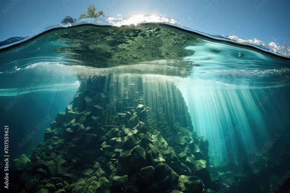 Underwater Waterfall Illusion: A mesmerizing scene of cascading water underwater.