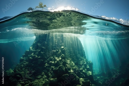 Underwater Waterfall Illusion: A mesmerizing scene of cascading water underwater. © OhmArt