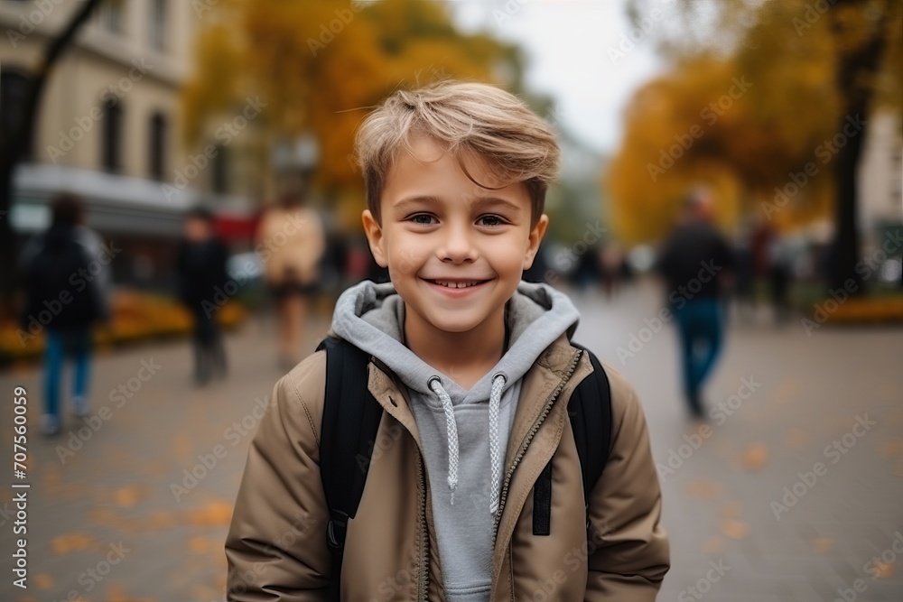 Portrait of a smiling boy with backpack on the street in autumn Portrait of a smiling boy with backpack on the street in autumn