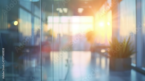 Beautiful blurred background of a light modern office interior with panoramic windows and beautiful lighting.