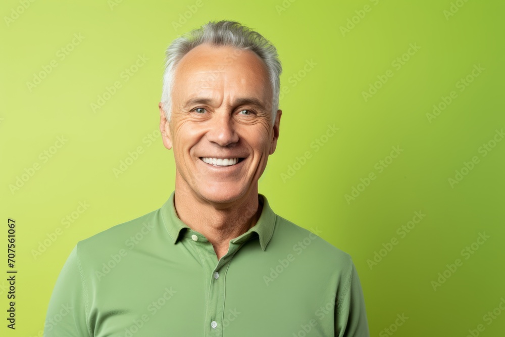 Portrait of a smiling senior man in green shirt against a green background Portrait of a smiling senior man in green shirt against a green background
